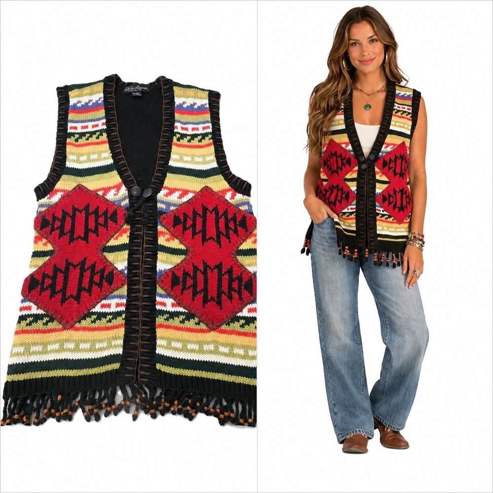 Vintage 90s Work in Progress Gladys Bagley Aztec Fringe Sweater Vest Medium
